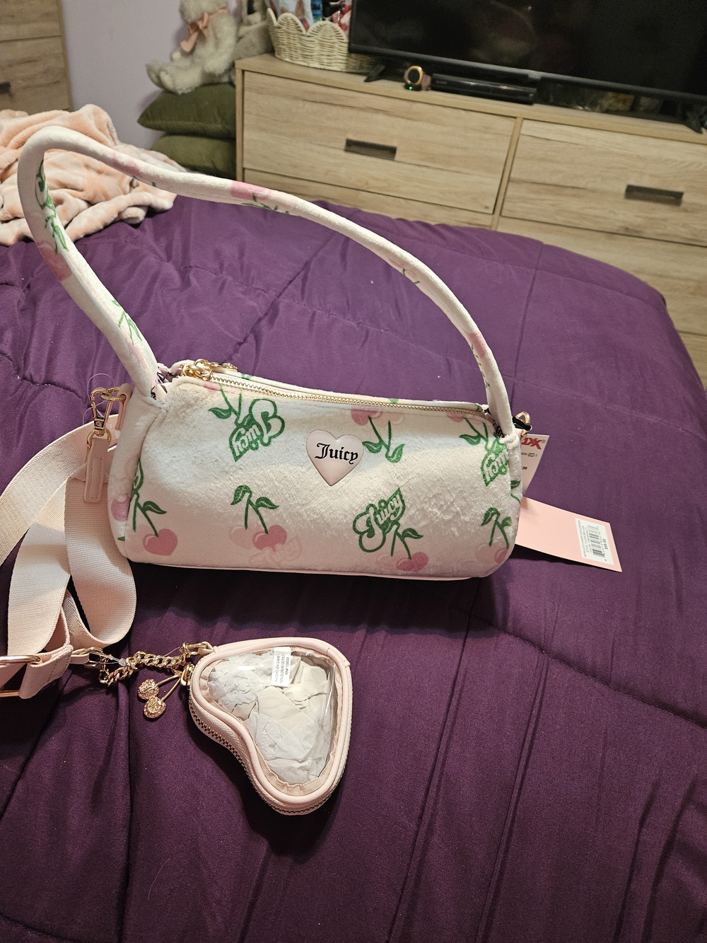 Juicy Couture Pink Cherry Logo Barrel Bag with Heart Coin Pouch - Green Accents